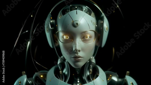 Elegant female robot in smooth motion, Beautiful fiction robotic model looking at the camera. Enjoy the music wearing headphones. Flowing isolated on black background. Fashion techno visuals concept. 