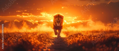 Sundown Majesty: Lion's March. Concept Wildlife Photography, Golden Hour Lighting, Majestic Animals