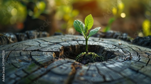 Regeneration from the Roots, Young Tree Sprouts from a Stump,  Symbol of Resilience in a New Shoot, Nature's Phoenix , showing new generation with heredity, conceptual image photo