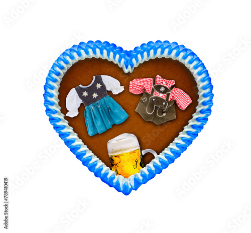 Oktoberfest Lebkuchenherz mit bier, dirndl und lederhose  isoliert auf weisse...