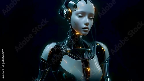 Elegant female robot in smooth motion, Beautiful science fiction robotic model enjoy the music wearing headphones. Flowing isolated on black background. Fashion techno visuals concept. 