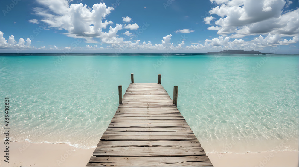 a serene wooden pier extending into the clear turquoise waters of a tranquil beach, with a blue sky dotted with fluffy clouds above