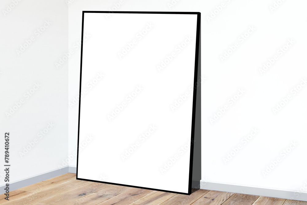 Black picture frame mockup on a wooden floor Black picture frame mockup on a wooden floor