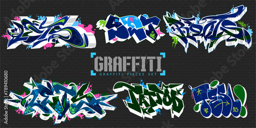 Trendy Dark Abstract Colorful Urban Street Art Lettering Vector Illustration Graffiti Pieces Set