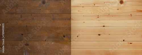 Alter Holzfussboden und abgeschliffener Holzfussboden im Kontrast