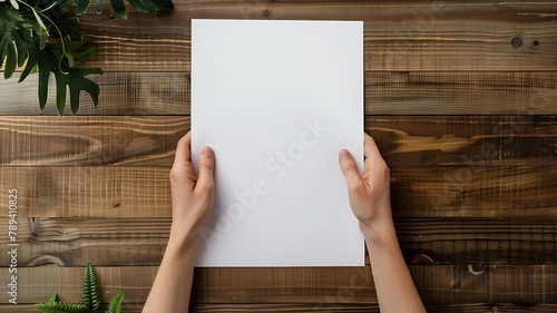 Two hands are holding a  A4 paper on the wooden table