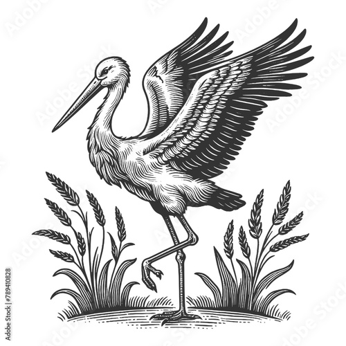 stork bird animal with spread wings in a reedy marshland sketch engraving generative ai vector illustration. Scratch board imitation. Black and white image.
