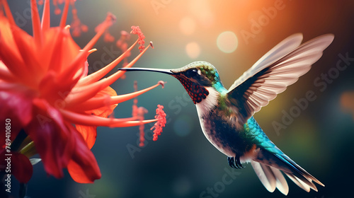 A close-up of a hummingbird feeding on nectar from a vibrant red flower.
