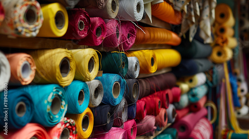 Colorful spools of thread for sewing and needlework in a shop photo