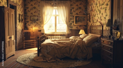 3D rendering of a tradional turn-of-the-century bedroom, Realistic Photography Background