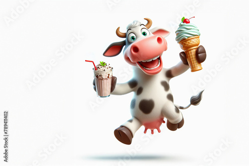 Playful cow jumps in air, cartoon character, enjoying milkshakes and ice cream. Colorful, whimsical scene against white background