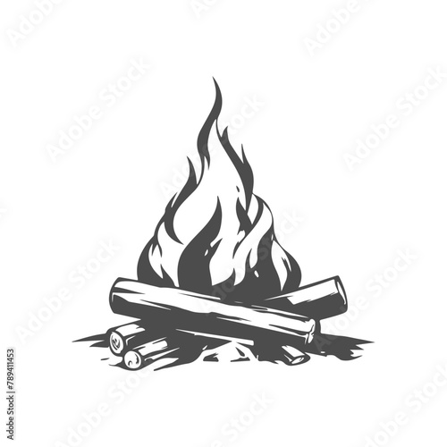 Silhouette of campfire burning bonfire with wood. Firewood and campfire. Burning woodpile. Tourism. Camping adventures. Vector illustration of bonfire isolated on white background