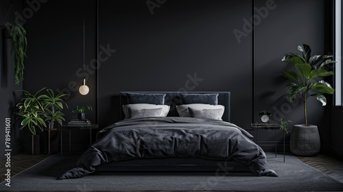 Bedroom wall mockup,Cozy dark grey bedroom interior background, Realistic Photography Background