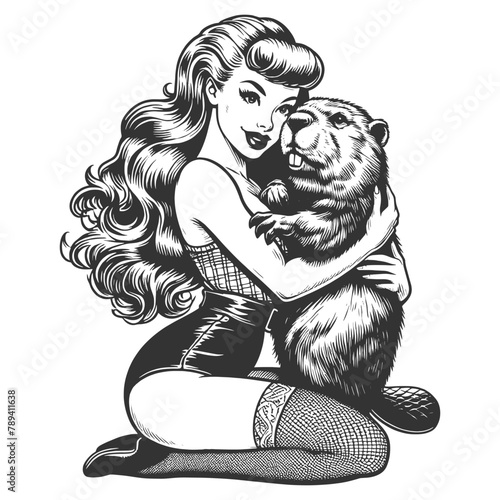 pin-up girl lovingly embracing a beaver, combining retro charm with whimsy sketch engraving generative ai fictional character vector illustration. Scratch board imitation. Black and white image.