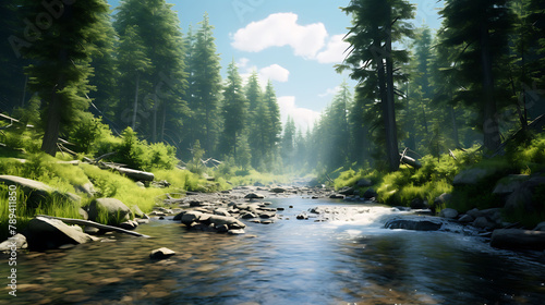 A crystal-clear stream winding its way through a dense forest of towering pine trees.