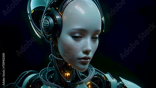 Elegant female robot in smooth motion, Beautiful science fiction robotic model enjoy the music wearing headphones. Flowing isolated on black background. Fashion techno visuals concept. 