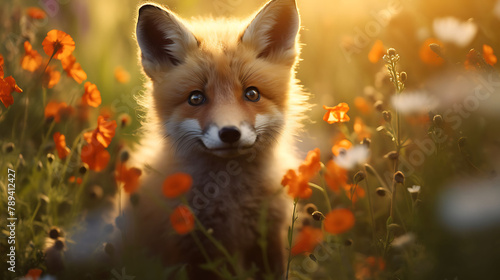 A curious fox cub playing among a field of wildflowers.