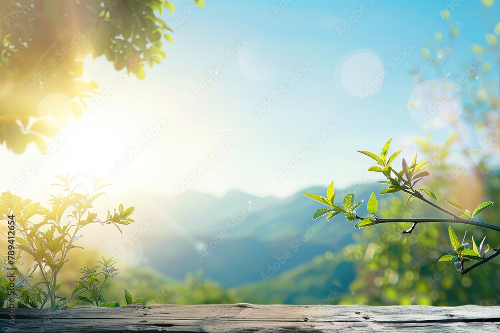 table background of free space for your decoration and blurred mountain landscape. Blue sky with sunlight and green small leaves. generative ai