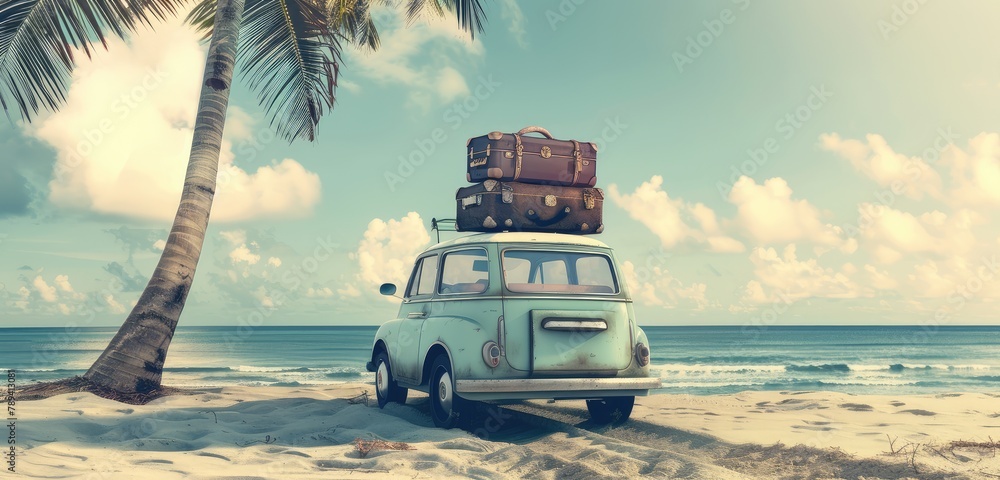 Obraz premium Vintage Car Ready for a Beach Vacation Adventure
