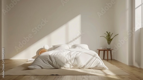 Modern scandinavian and Japandi style bedroom interior design with bed white color. Wooden table and floor, mock up frame wall. 3d render, Realistic Photography Background