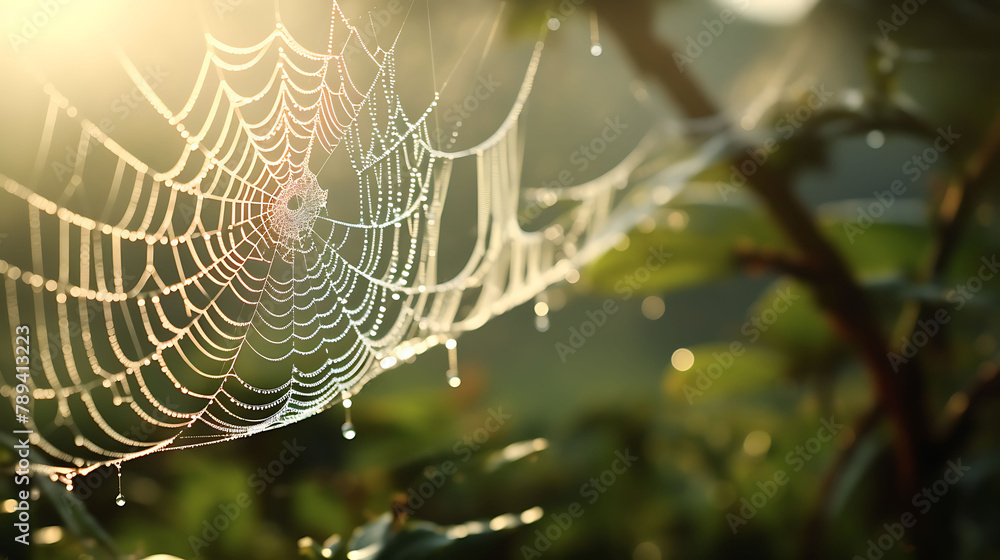 A delicate spiderweb adorned with morning dew, glistening in the soft sunlight.