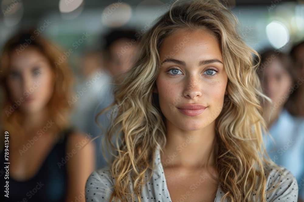 Young woman with captivating blue eyes and natural makeup looking at the camera in a crowd Young woman with captivating blue eyes and natural makeup looking at the camera in a crowd