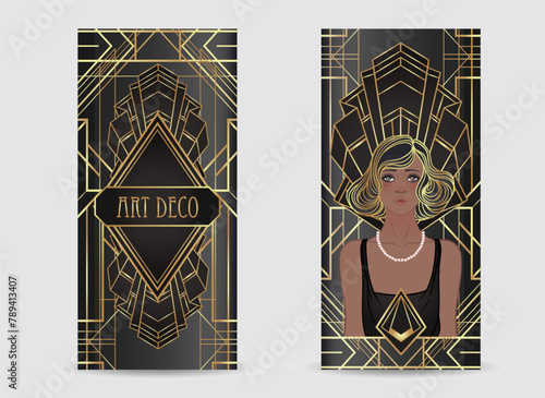 Retro fashion, glamour girl of twenties. African American woman. Vector illustration. Flapper 20s style. Vintage party invitation design template. Fancy black lady.