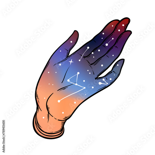 Open hand with the all-seeing eye on the palm. Occult design vector illustration. Dotwork ink tattoo flash design. Vector illustration isolated on white. Astrology, Sacred Spirit. Masonic sign.
