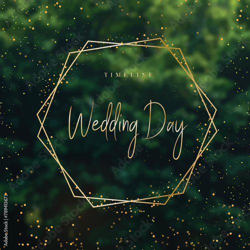 Emerald greenery forest foliage vector background. Green garden trees wedding invitation. Summer gold geometry card texture. Line art.Rustic style save the date.Elegant outdoor party template garland