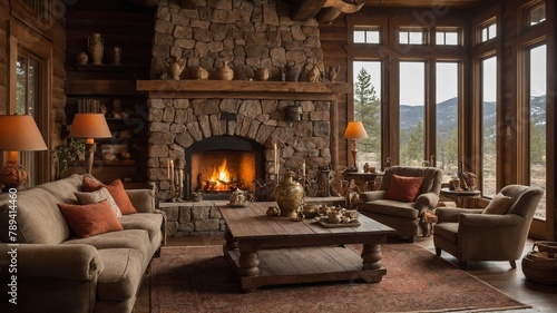 Cozy living room, filled with warm, inviting atmosphere, illuminated by gentle glow of fire crackling in stone fireplace. This room adorned with plush seating, including two sofas, armchair.