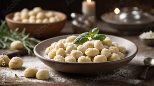 Bowl, brimming with gnocchi garnished with basil, rests on rustic wooden table, embodying heart of italian cuisine. Gnocchi, soft, pillowy, lightly dusted with flour.