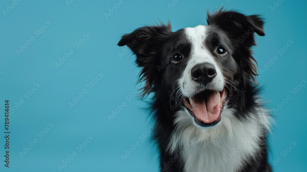 A photo of adorable portrait of amazing healthy and happy adult black and white border collie in the photo studio on the blue background