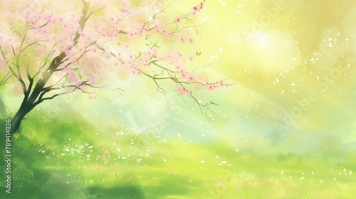 Tranquil Spring Meadow with Blossoming Tree