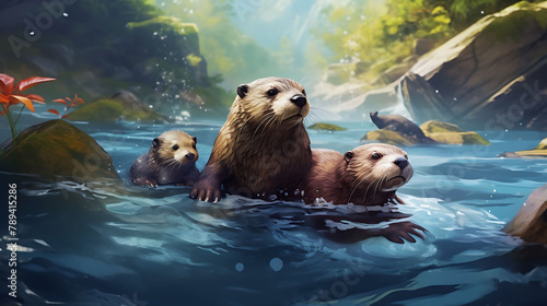 A family of otters playfully swimming in a clear mountain stream.