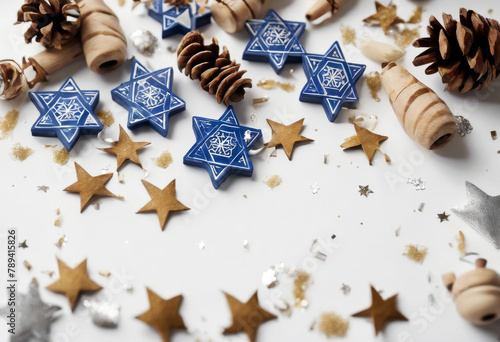 decoration anise pattern  top Decorative view  dreidel stars Flat stock lay background  Hanukkah silver Wooden white confetti cones styled composition  larch Jewish toys holiday hanukka toy game wo