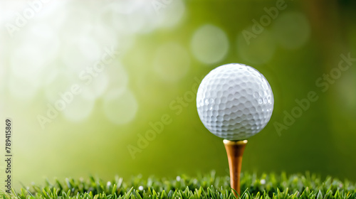A golf ball sits atop a gold-colored tee on a lush green grass field, with a blurred natural green background suggesting a sunny day on the golf course