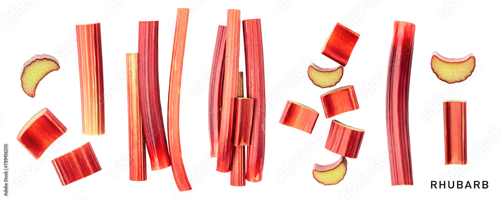 Naklejka premium Raw rhubarb stem and slice isolated. PNG with transparent background. Flat lay. Without shadow.