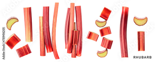 Raw rhubarb stem and slice isolated. PNG with transparent background. Flat lay. Without shadow.
