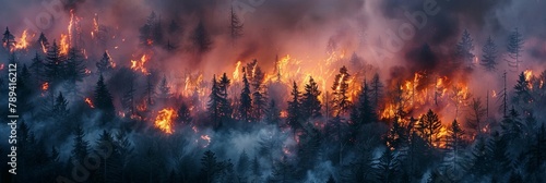 A raging fire in the forest highlights ecological problems as the fiery wrath of nature ignites an explosion of heat and smoke  engulfing the tranquil forest in a volcanic inferno.