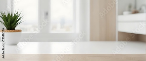 White table top with shampoo bottle hand towels toiletries over blurred modern bright bathroom 3d