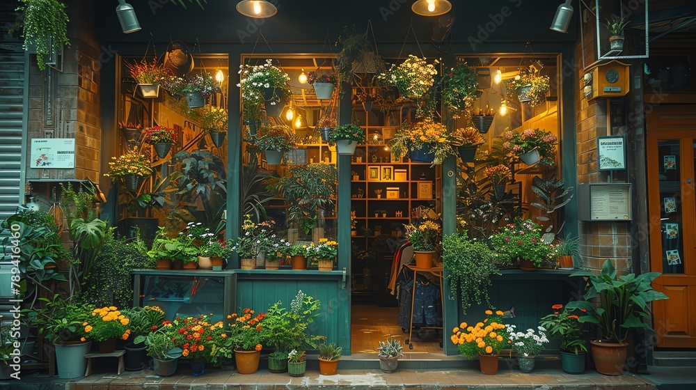 Window display of a boutique decorated with whimsical artificial hanging plants, attracting passersby