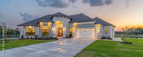 Elegant two story mansion featuring a big front yard and garage photo