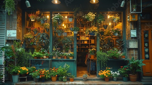 Window display of a boutique decorated with whimsical artificial hanging plants, attracting passersby photo
