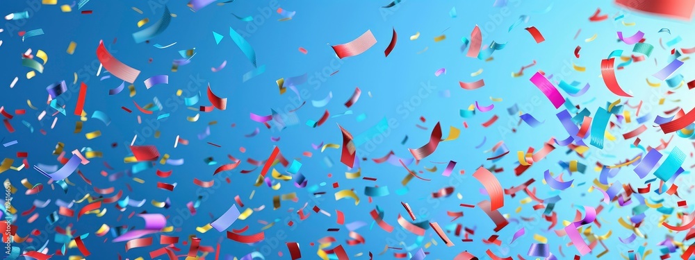 vibrant confetti falling from top with solid blue background. happy birth day