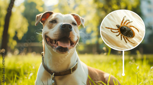 Pit bull terrier dog on a walk in the spring park and macro photo of a tick.  increased teak on the fur. concept of danger and preventive treatment and treatment of ticks, fleas and parasites. photo