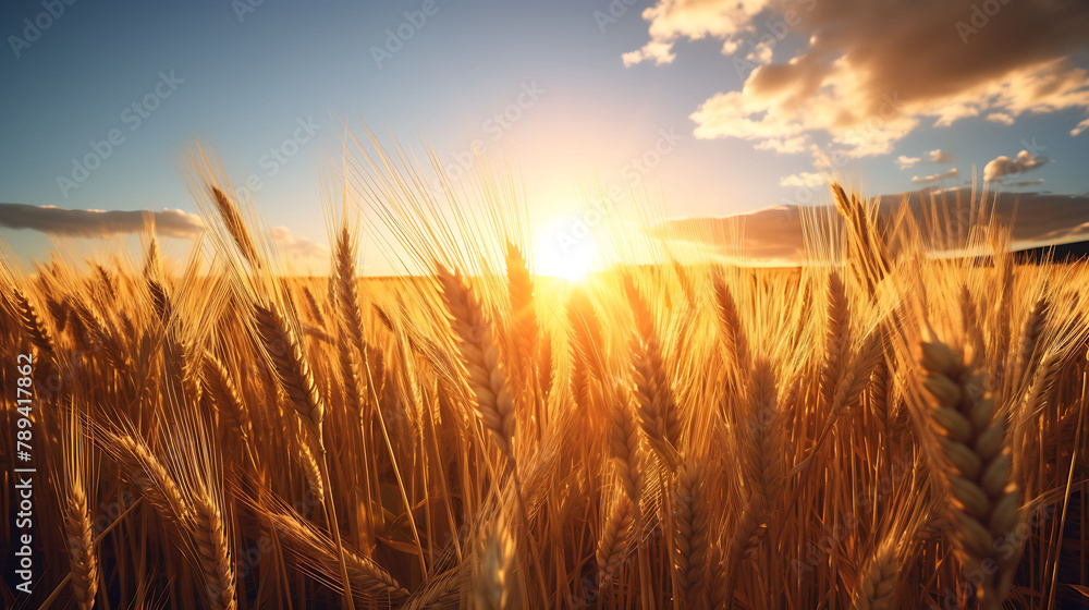 A golden hour scene of a field of wheat bathed in warm sunlight.