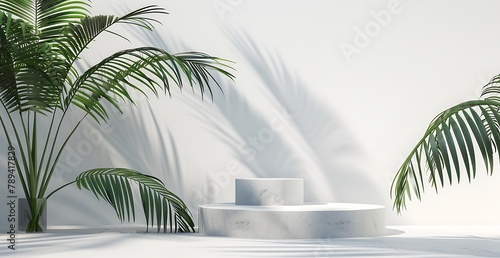 3d rendering of white minimal background with palm leaf on podiums for product presentation mock up, 2D illustration, high resolution photography