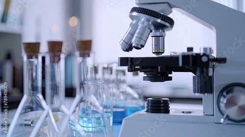 Microscope standing on workplace of modern scientist or clinician with group of flasks and other glassware