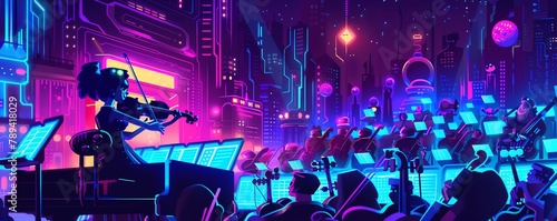 Pixel art of a girl conducting a robot orchestra in a futuristic city  neon lights and holographic instruments