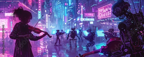 Pixel art of a girl conducting a robot orchestra in a futuristic city, neon lights and holographic instruments